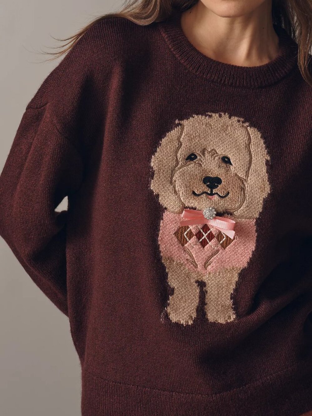 Anthropologie Maeve Crew-Neck Dog Icon Pullover Sweater, Wine Lab, S - Picture 3 of 5